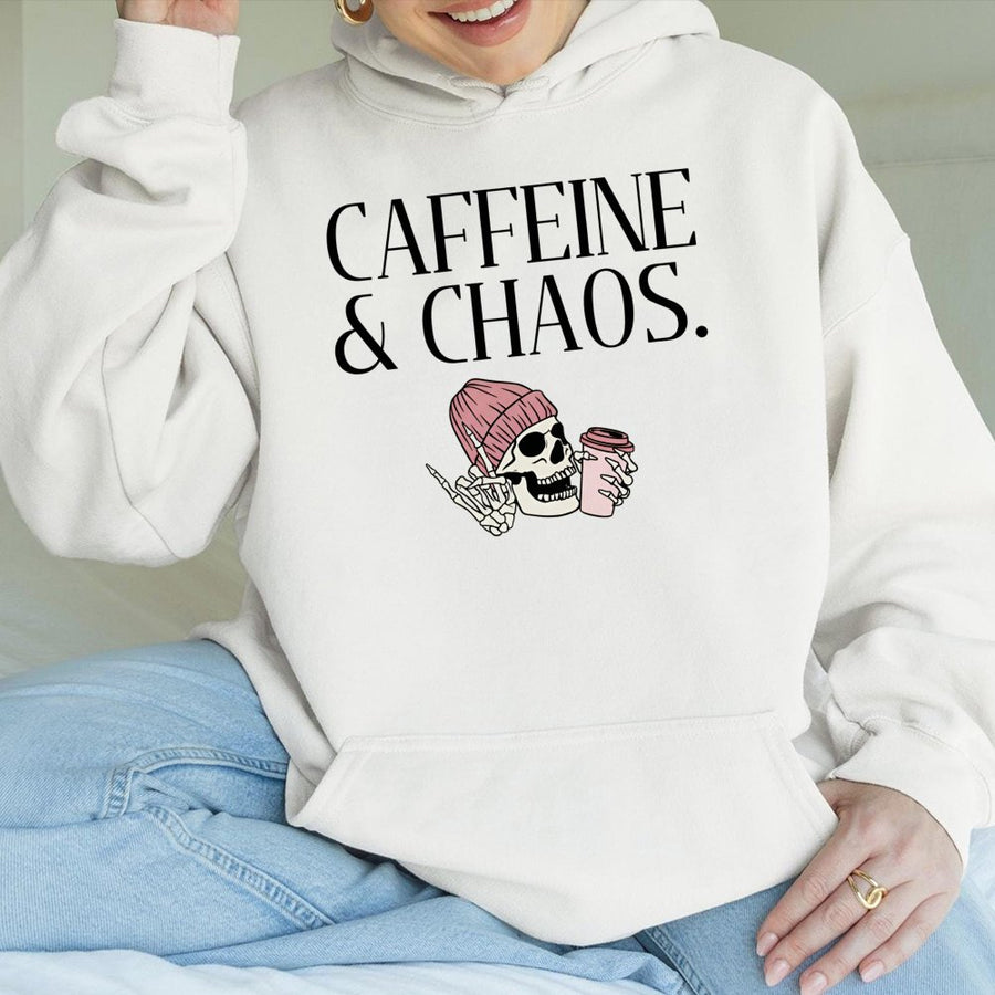 Caffeine & Chaos Hoodie | Aesthetic Skeleton Coffee Graphic | Soft Cotton-Blend Pullover | Trendy Gift for Coffee Lovers & Students