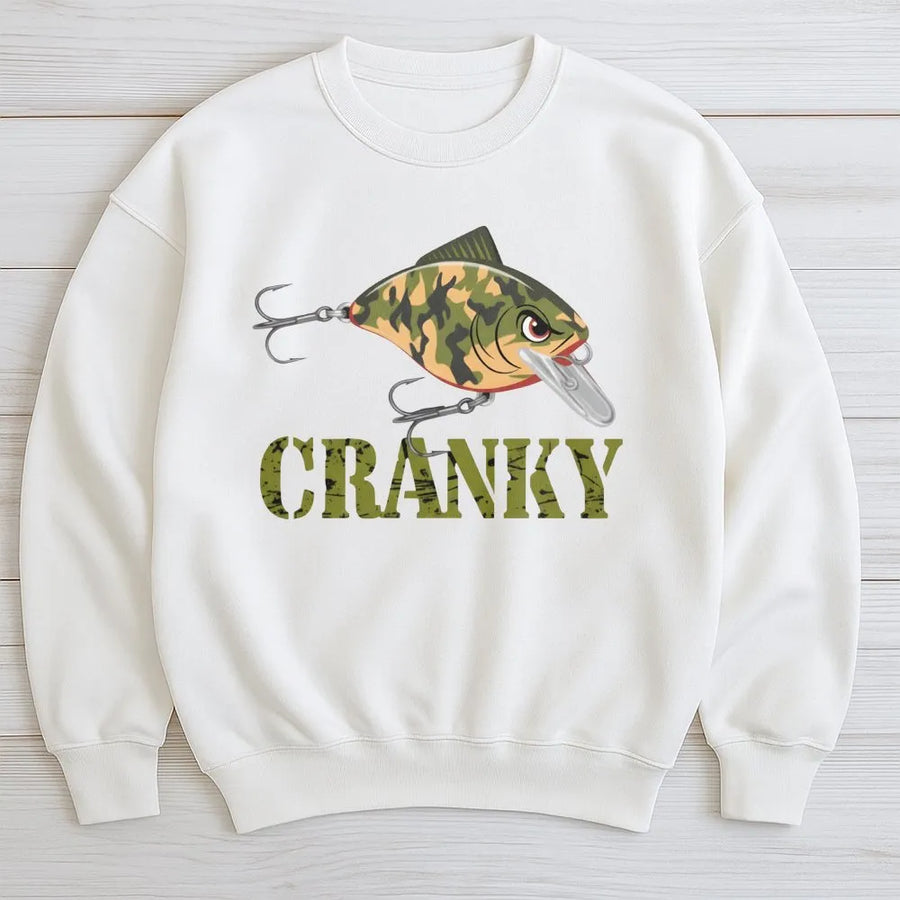Cranky Fishing Sweatshirt | Bass Camo Crankbait Graphic | Premium Cotton Blend | Funny Fisherman Gift For Anglers