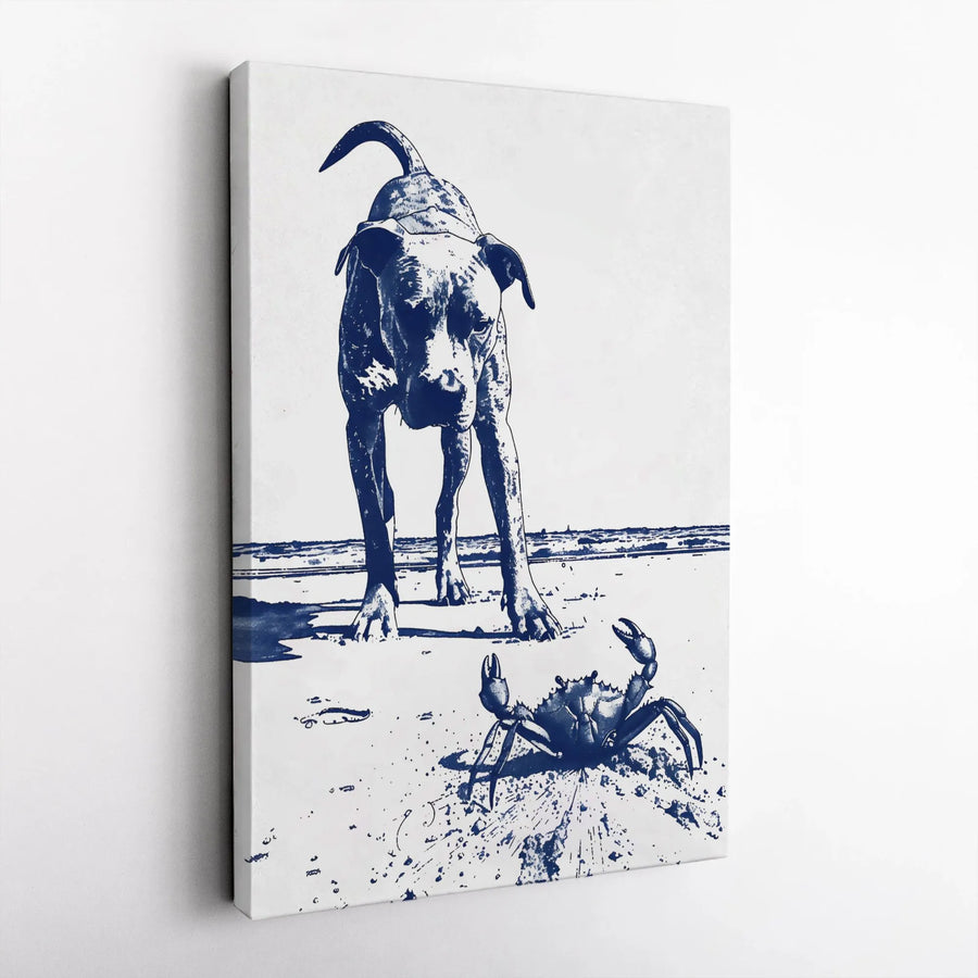 Pitbull Wall Art | Dog and Crab Beach Graphic Print | Premium Gallery Wrapped Canvas | Coastal Home Decor Gift for Dog Lovers