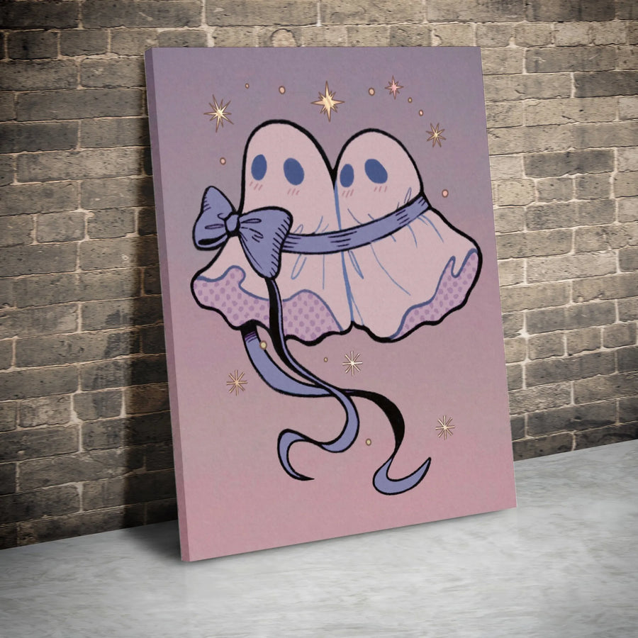 Cute Ghost Soulmates Vertical Canvas | Kawaii Spooky Couple Art Print | Premium Thick Gallery Wrap | Romantic Halloween Gift for Her