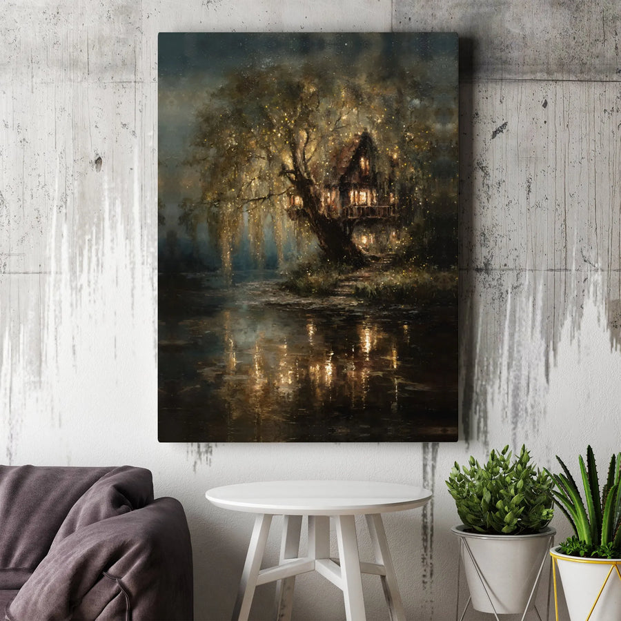 Magical Treehouse Wall Art | Glowing Forest Nightscape Canvas | Premium Gallery Wrapped Decor | Fantasy Landscape Print for Living Room
