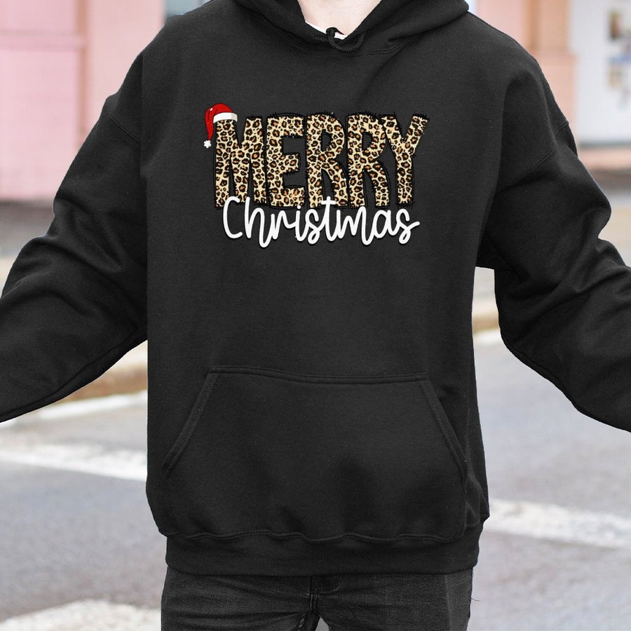 Merry Christmas Hoodie | Leopard Print Santa Hat Holiday Graphic | Premium Cotton Blend | Cozy Women's Gift for Christmas Season