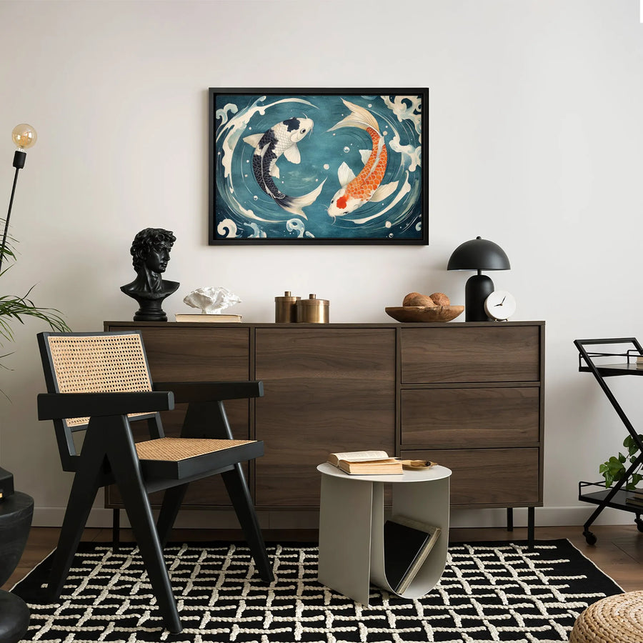 Yin Yang Koi Fish Canvas Wall Art | Japanese Zen Watercolor Style | Premium Gallery Wrap Print | Meditative Home Decor for Living Room