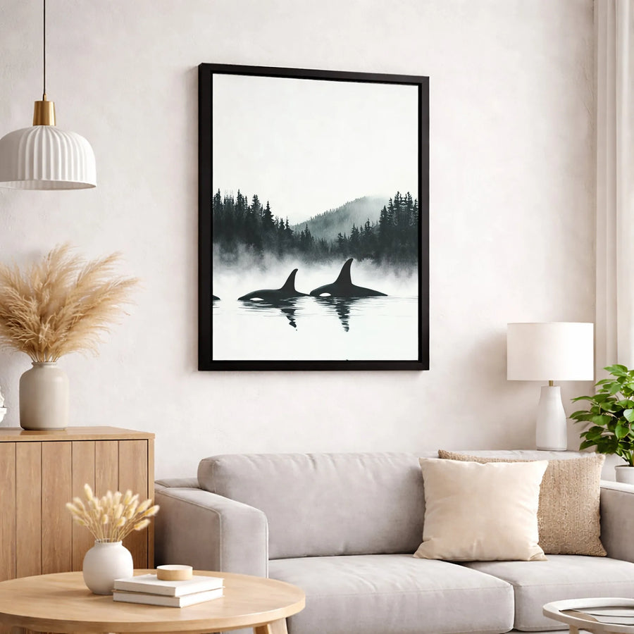 Orca Wall Art | Misty Forest Ocean Wildlife Canvas Print | Premium Fade-Resistant Gallery Wrap | Modern Coastal Home Decor
