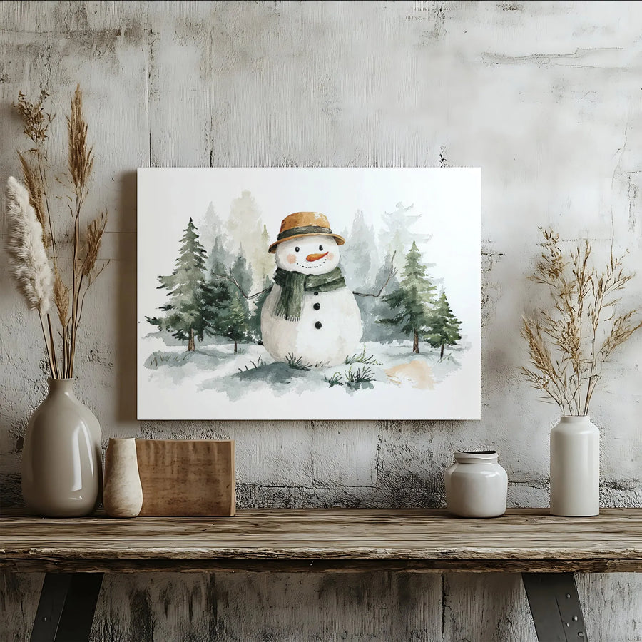 Watercolor Snowman Canvas Wall Art | Festive Winter Forest Landscape | Premium Gallery-Wrapped Print | Holiday Home Decor Gift