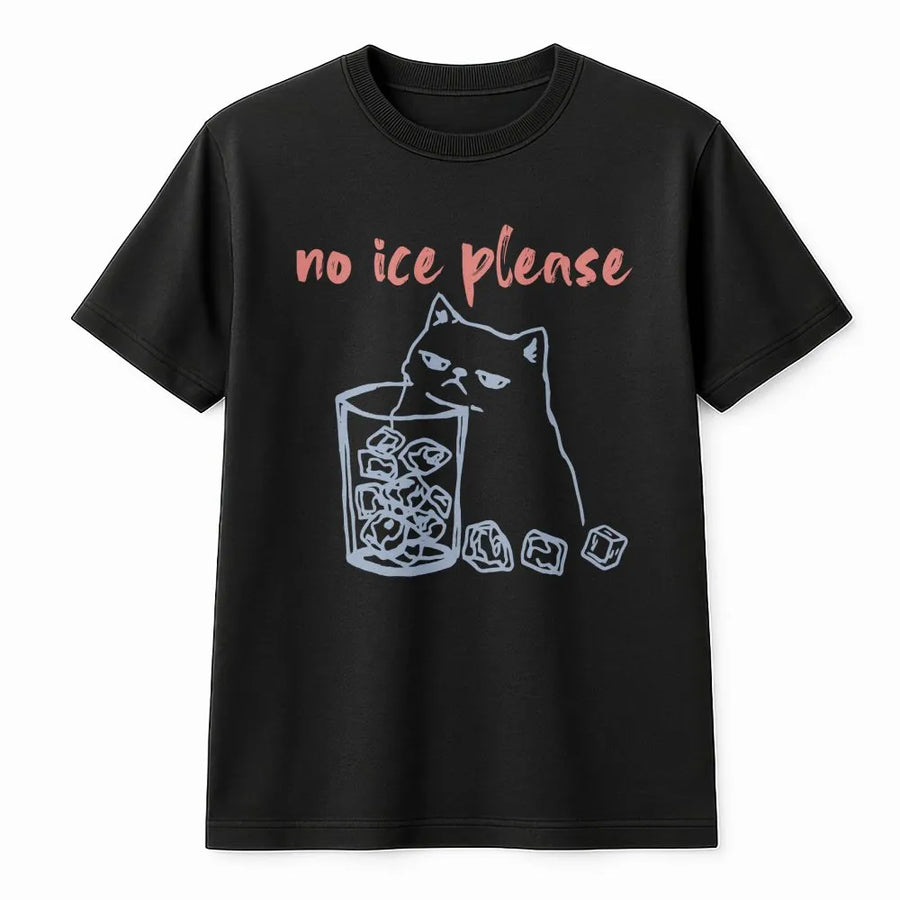 No Ice Please Cat T-Shirt | Grumpy Kitten Drinking Graphic Tee | Premium Soft Cotton Unisex Shirt | Funny Animal Lover Gift for Pet Owners