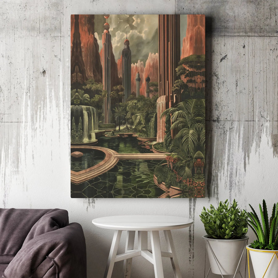Futuristic Utopian City Canvas Art | Surreal Waterfall & Lush Garden Landscape | Premium Fade-Resistant Print | Modern Office or Home Decor
