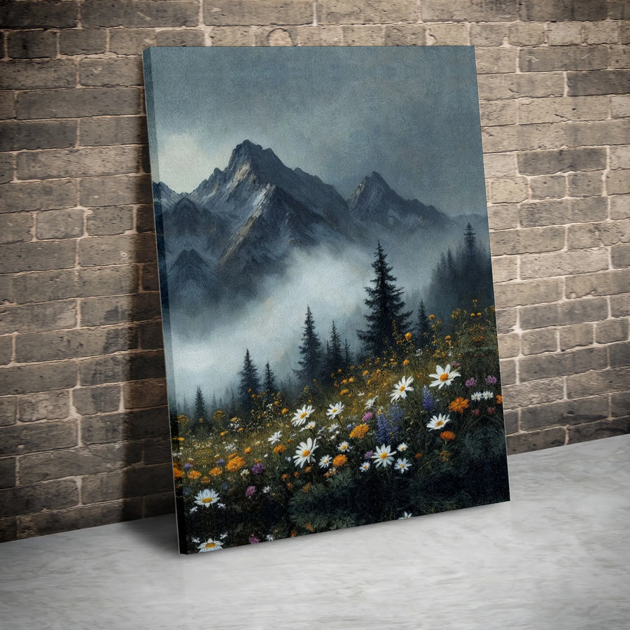 Misty Mountain Landscape Canvas Art | Wildflower Meadow Print | Premium 1.25-Inch Gallery Wrap | Nature Wall Decor For Home Office