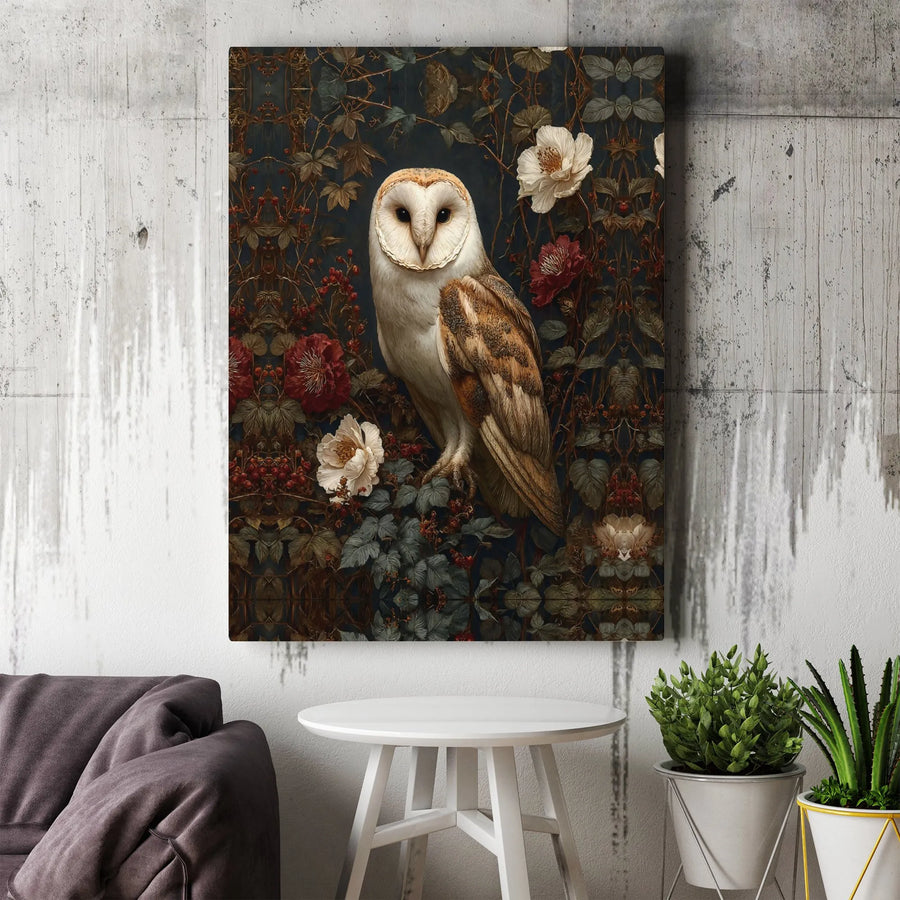 Barn Owl Canvas Wall Art | Dark Botanical Floral Painting | Premium Gallery Wrap Print | Moody Nature Home Decor Gift
