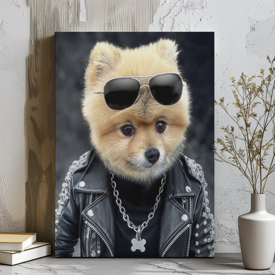 Pomeranian Dog Canvas Wall Art | Cool Rockstar Pup in Leather Jacket | Premium Gallery Wrap Decor | Unique Pet Lover Gift for Office or Home