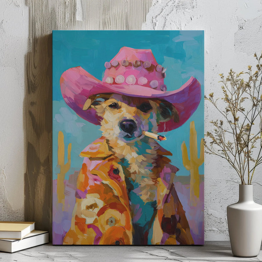 Dog Cowboy Canvas Wall Art | Pink Hat Western Desert Oil Painting Style | Premium Gallery Wrap Print | Fun Gift for Dog Lovers