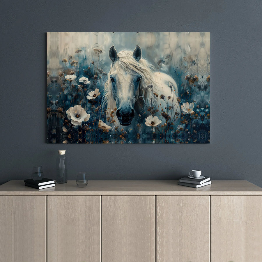 White Horse Canvas Art | Painterly Wildflower Meadow Print | 1.25 Inch Gallery Wrap | Elegant Farmhouse Wall Decor Gift
