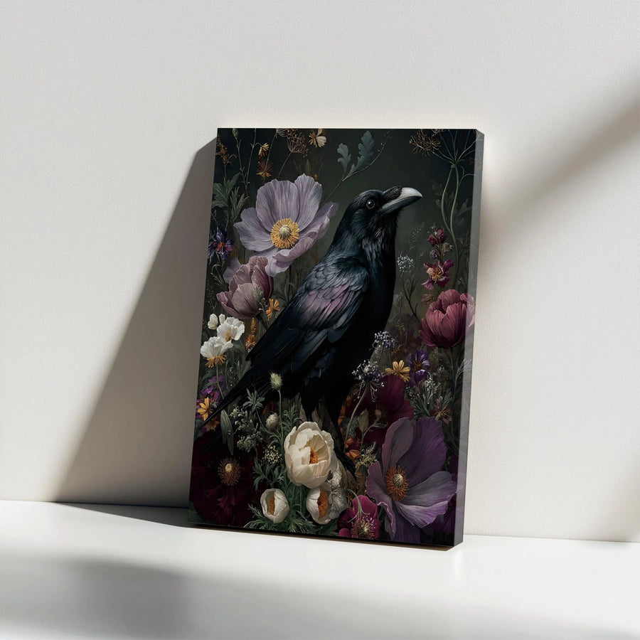 Raven Wall Art Canvas | Moody Gothic Floral Botanical Print | Premium Gallery Wrap Decor | Dark Academia Home Gift