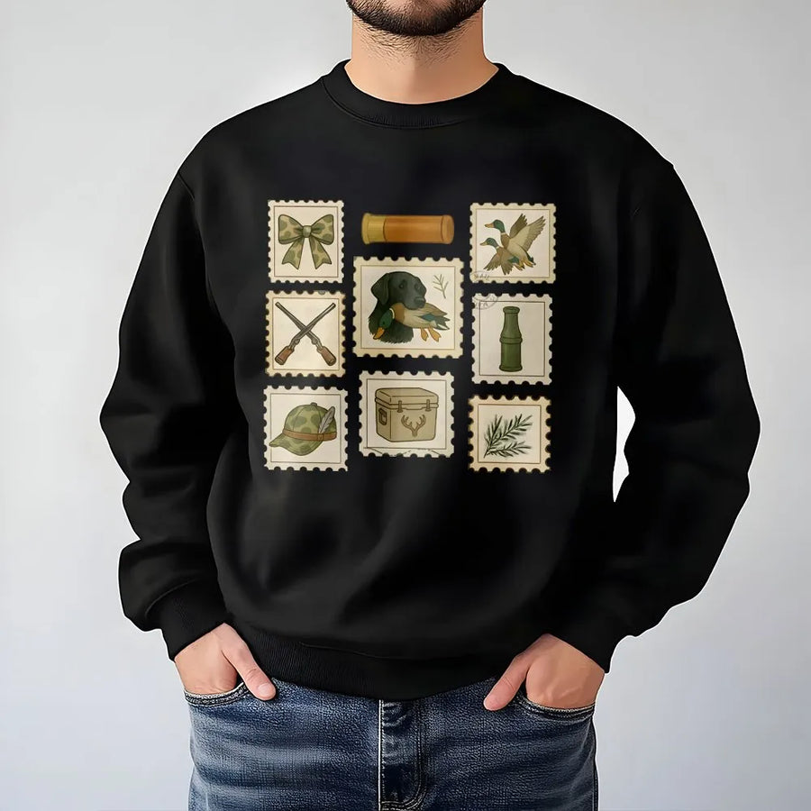 Duck Hunting Sweatshirt | Retro Stamp Collage Print | Premium Cotton Blend | Gift for Hunter and Outdoor Enthusiast
