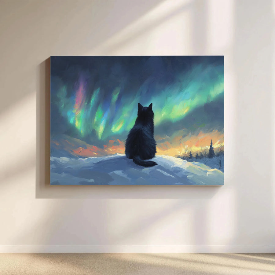 Black Cat Northern Lights Canvas Art | Aurora Borealis Snowy Landscape | Premium Fade-Resistant Print | Magical Nature Wall Decor Gift