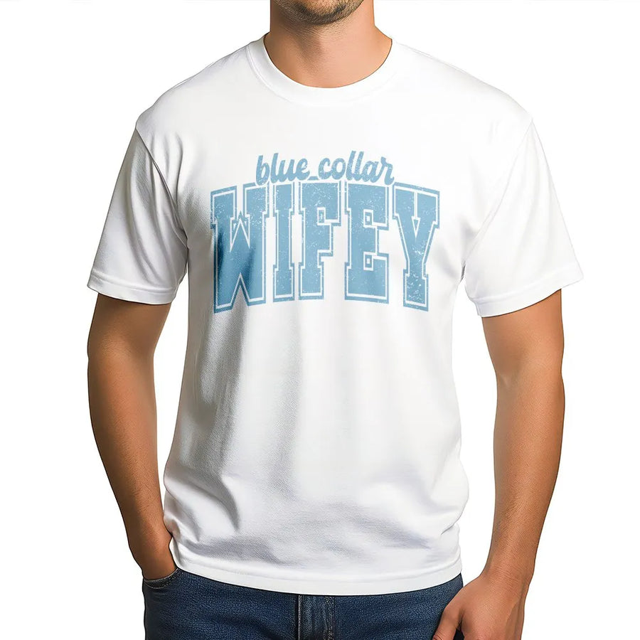 Blue Collar Wife T-Shirt | Retro Varsity Graphic Tee | Premium Soft Cotton | Gift for Supportive Spouse & Country Girl Outfit