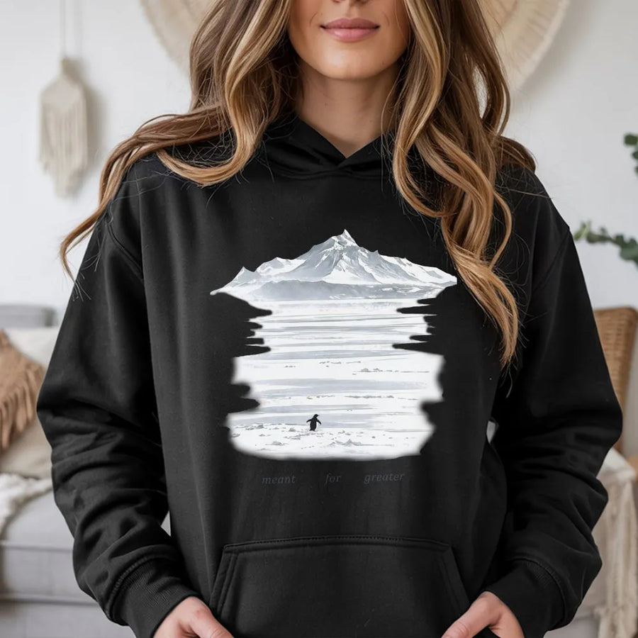 Inspirational Penguin Hoodie | Meant for Greater Quote Graphic | Cozy Cotton Blend | Motivational Gift for Nature Lovers