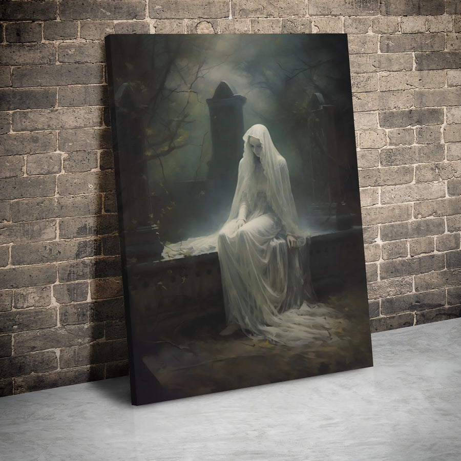Gothic Ghost Woman Canvas Wall Art | Melancholy Cemetery Spirit Portrait | Premium Gallery Wrap Decor | Dark Academia Home Gift