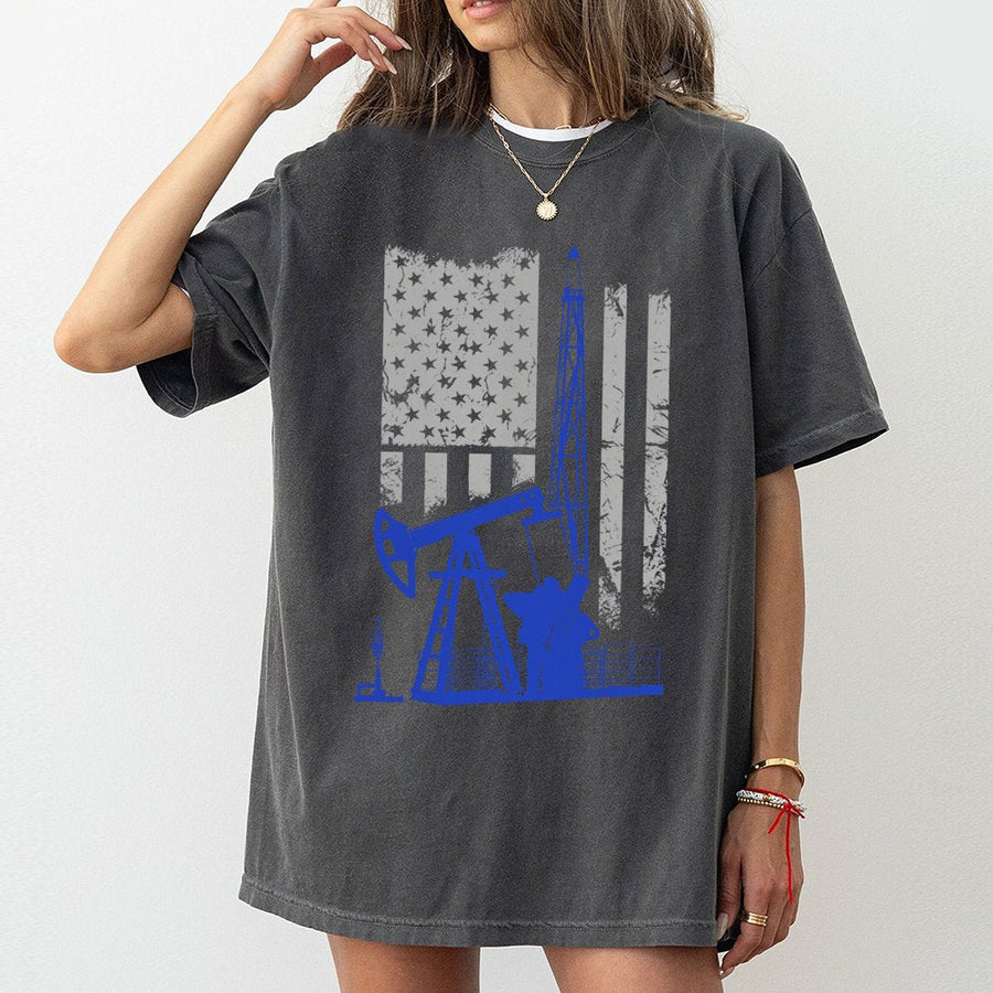Oilfield Worker T-Shirt | Patriotic American Flag & Oil Rig Graphic | 100% Premium Cotton | Oil & Gas Industry Gift for Men