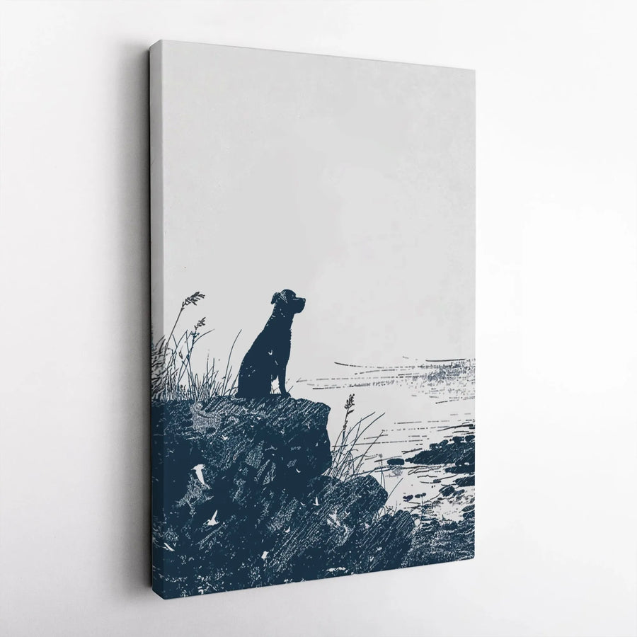 Dog Silhouette Wall Art | Coastal Labrador On Rocky Shore Print | Premium Gallery-Wrapped Canvas | Minimalist Home Decor Gift For Dog Lovers