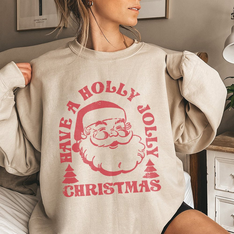 Retro Santa Christmas Sweatshirt | Holly Jolly Holiday Graphic Design | Soft Cotton Blend Unisex Pullover | Festive Gift for Her