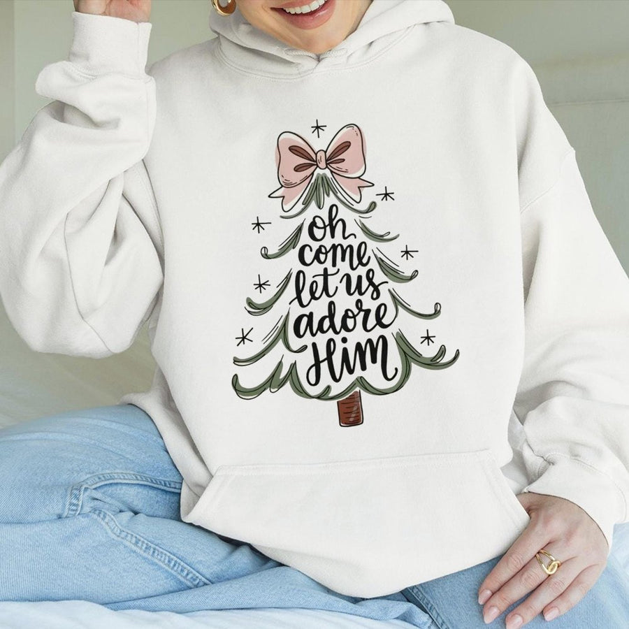 Oh Come Let Us Adore Him Hoodie | Aesthetic Christmas Tree Bow Design | Premium Cotton-Poly Blend | Religious Christian Christmas Gift For Her