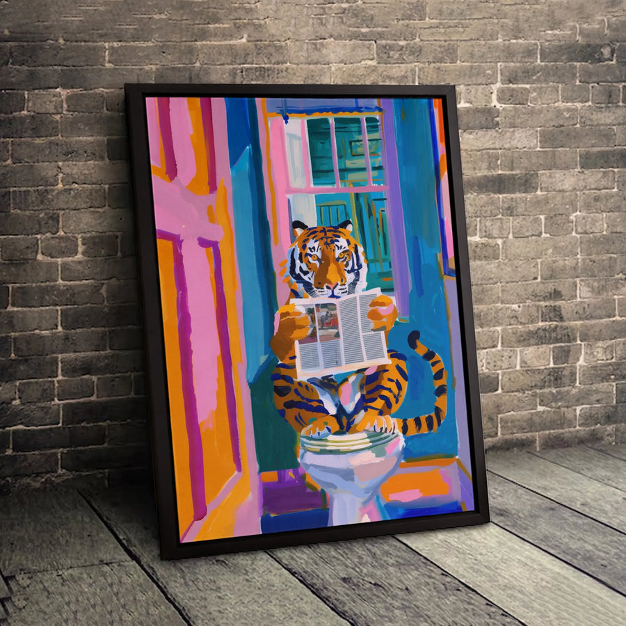 Tiger Reading Newspaper Canvas Art | Funny Bathroom Wall Decor | Premium 1.25" Gallery Wrap | Whimsical Animal Home Gift