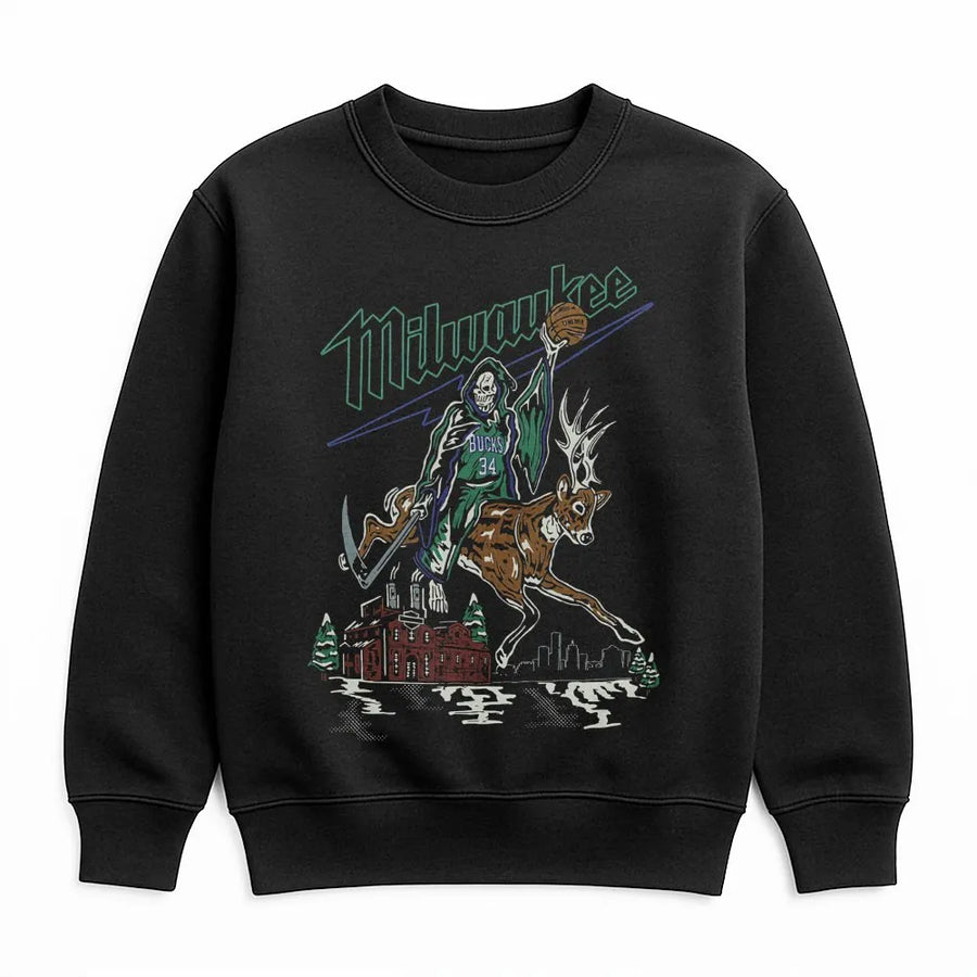 Milwaukee Bucks Grim Reaper Deer Sweatshirt – Giannis 34 Basketball Streetwear Graphic Sweatshirt, Nba Fan Gift, Vintage Milwaukee Bucks Sweatshirt