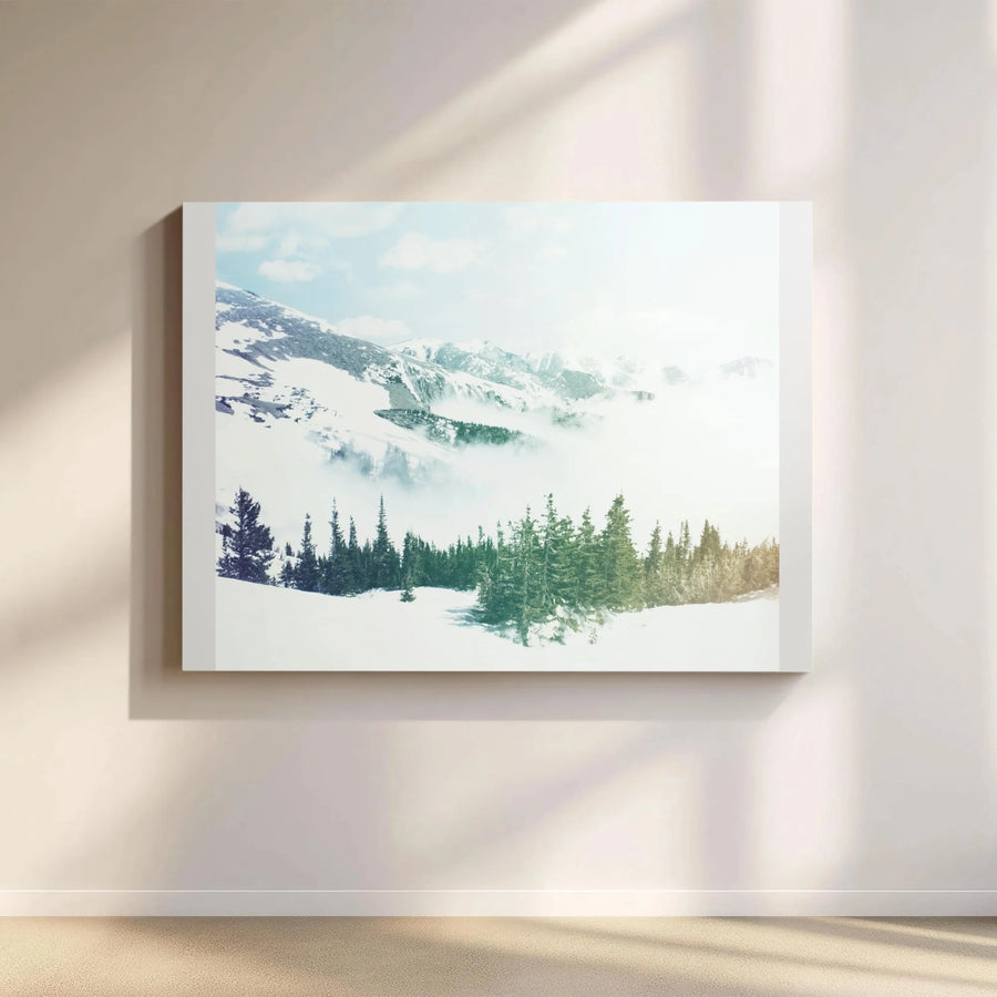 Snowy Mountain Landscape Canvas Art | Misty Pine Forest Photography | Premium High-Resolution Print | Living Room Decor Gift for Nature Lovers