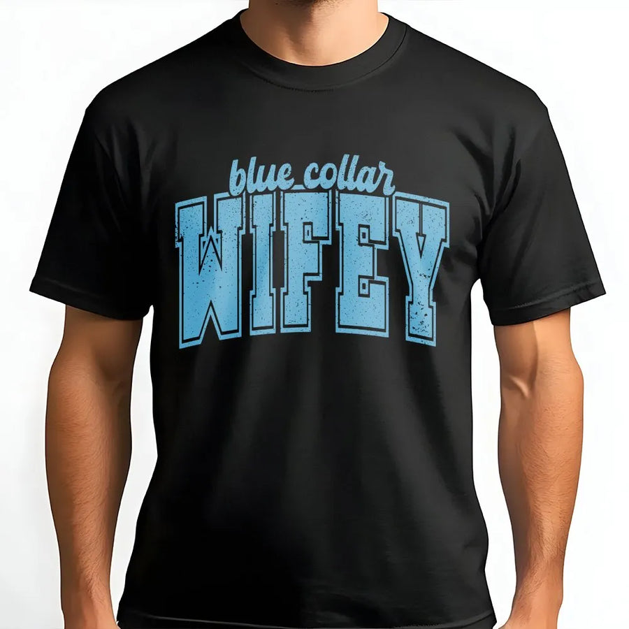 Blue Collar Wifey T-Shirt | Retro Varsity Text | Cozy Cotton Blend Pullover | Gift for Blue Collar Wife