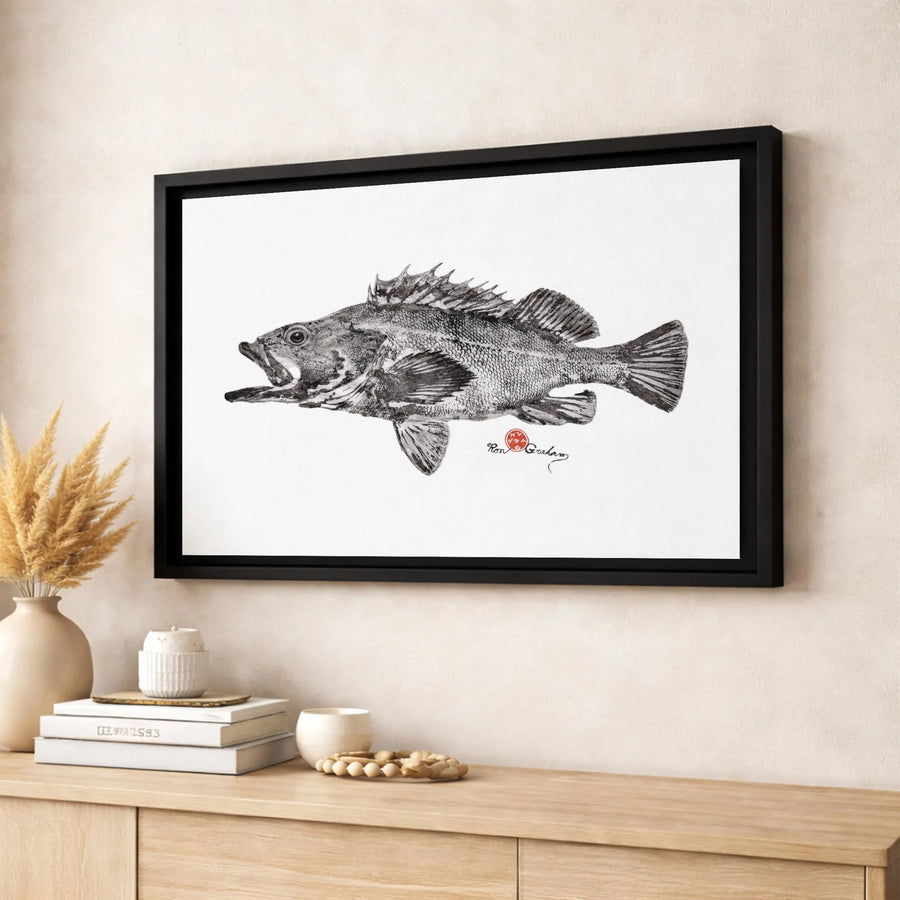 Rockfish Gyotaku Wall Art | Japanese Fish Rubbing Print | Premium Gallery Wrapped Canvas | Coastal Decor for Fisherman Office Gift