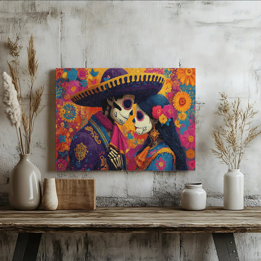 Day of the Dead Canvas Wall Art | Sugar Skull Couple in Love Portrait | Premium Gallery Wrap 1.25" Frame | Romantic Mexican Folklore Home Decor Gift