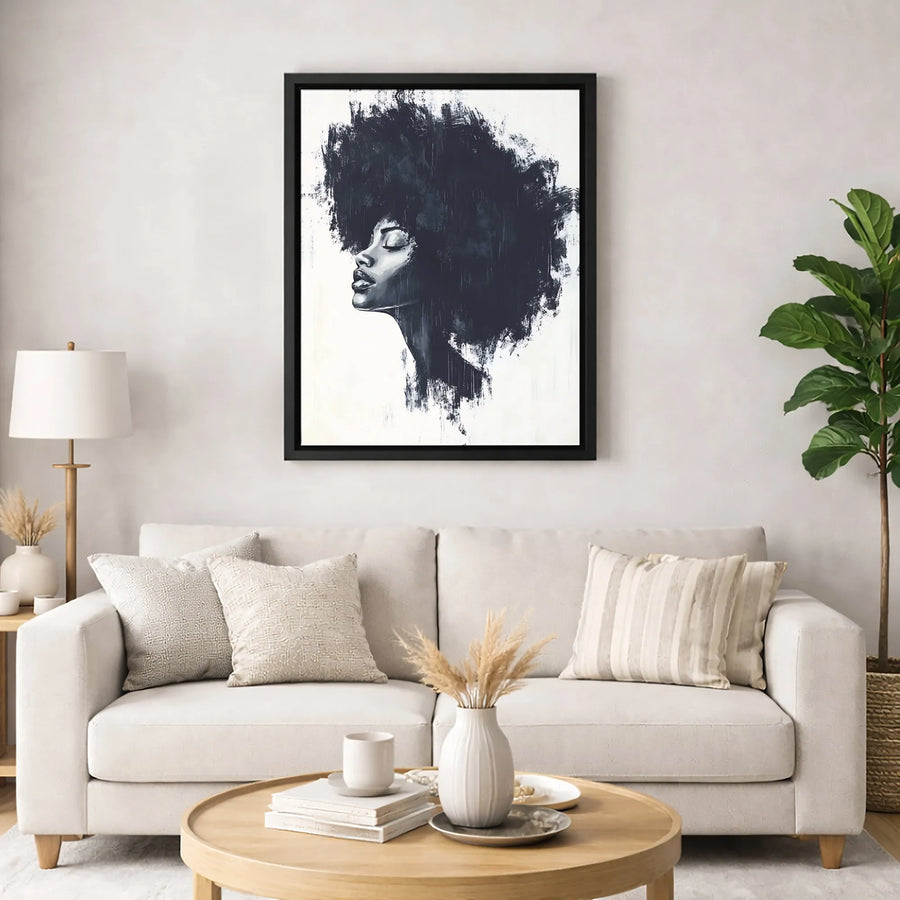 Abstract Black Woman Portrait Canvas | Afro Art Wall Decor | Premium 1.25-Inch Thick Gallery Print | Sophisticated Home Office Gift
