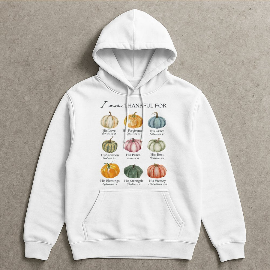 I Am Thankful For Bible Verse Hoodie | Watercolor Pumpkin Fall Design | Premium Cotton Blend | Christian Faith Thanksgiving Gift For Women
