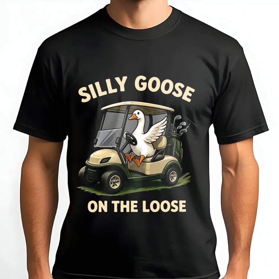 Silly Goose on the Loose T-Shirt | Funny Goose Driving Golf Cart Graphic | Soft Cotton Blend | Unique Gift for Golfer