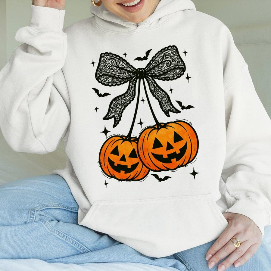 Spooky Pumpkin Cherry Bow Hoodie | Cute Halloween Aesthetic Sweatshirt | Premium Cotton-Poly Blend | Cozy Gift for Women and Teens