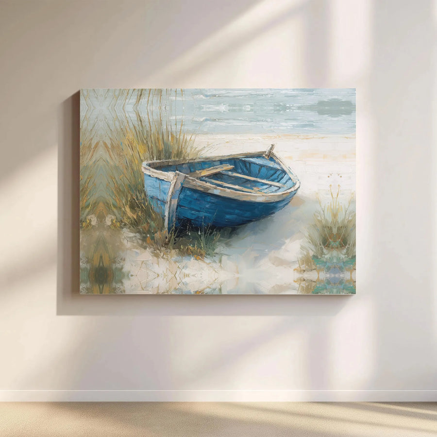 Blue Rowboat Coastal Canvas Art | Sandy Beach Nautical Painting | 1.25-Inch Gallery Wrap | Premium Beach House Wall Decor Gift