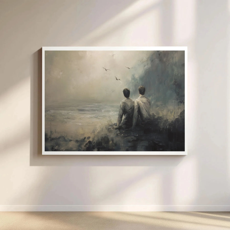 Two Men Sitting by the Sea Canvas Art | Moody Seascape Oil Painting Style | Premium 1.25-inch Gallery Wrap | Reflective Home Office Wall Decor