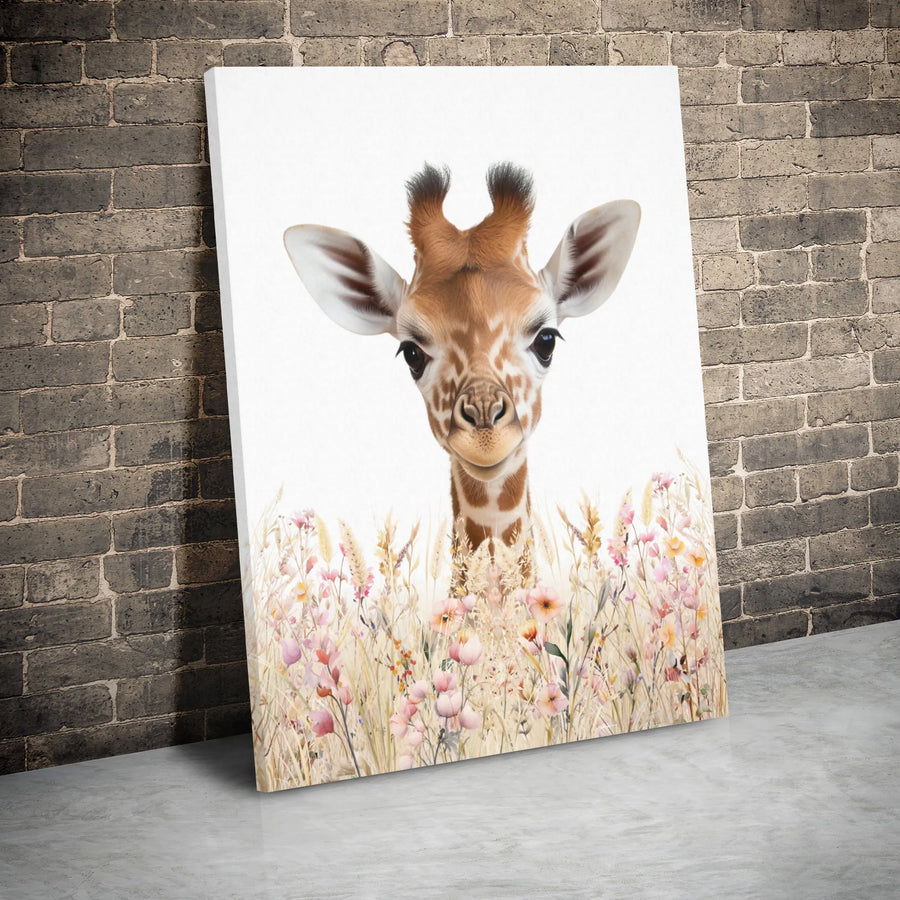 Baby Giraffe Canvas Wall Art | Wildflower Meadow Portrait | Premium Gallery Wrapped Decor | Nursery Gift for Safari Animal Lovers