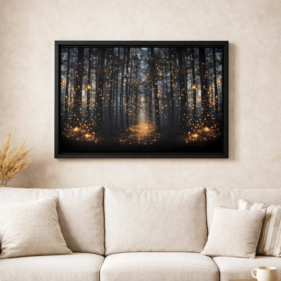 Enchanted Forest Canvas Wall Art | Magical Firefly Glowing Woods Decor | Premium Gallery Wrap Print | Whimsical Nature Home Gift