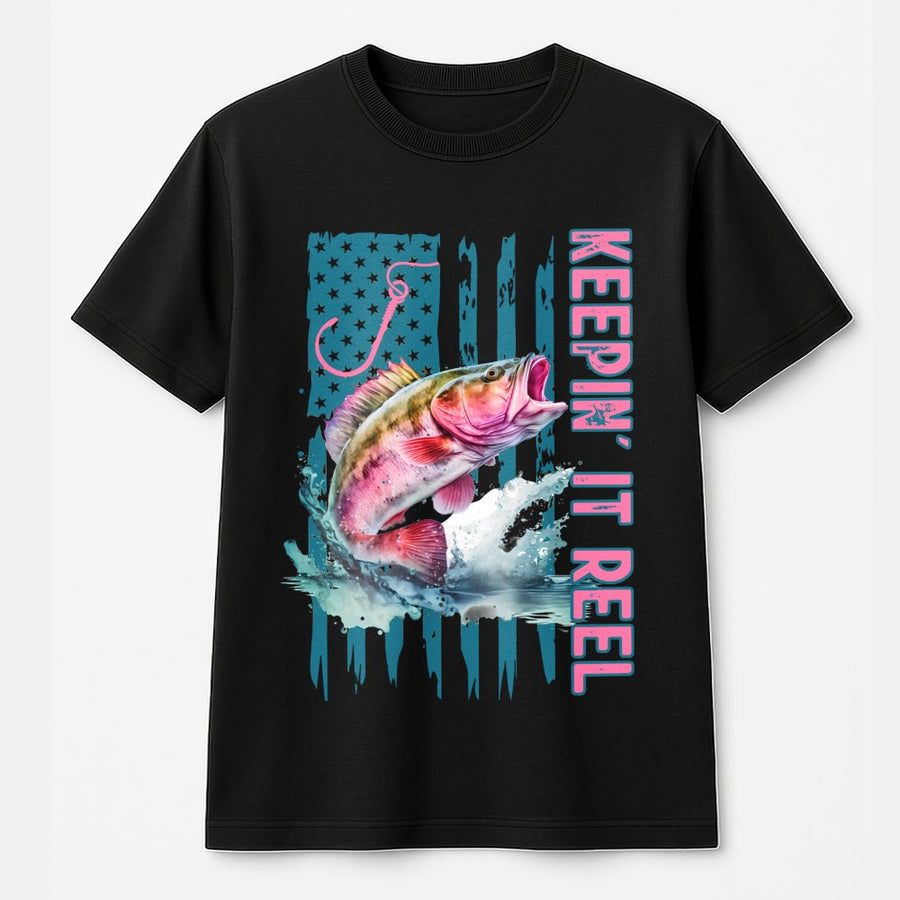Keepin' It Reel Fishing T-Shirt | Patriotic American Flag Bass Design | Premium 100% Cotton | Country Girl Gift for Anglers