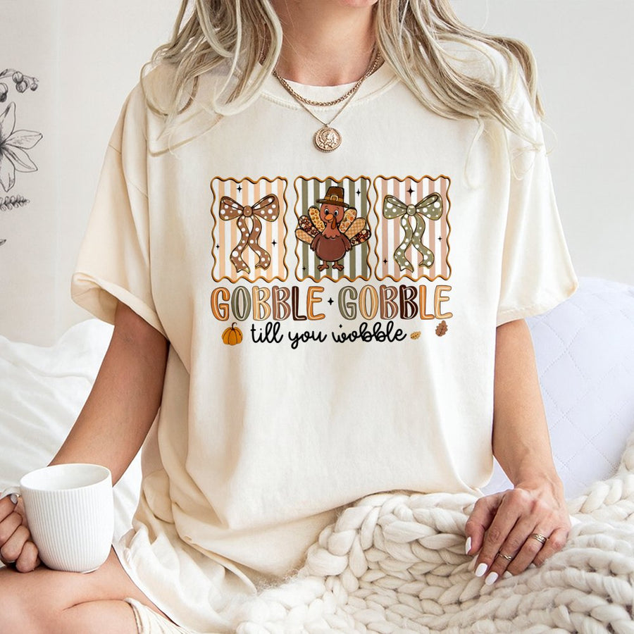 Gobble Gobble Till You Wobble T-Shirt | Funny Thanksgiving Turkey Graphic | 100% Cotton Premium Comfort | Cute Fall Gift for Women and Men