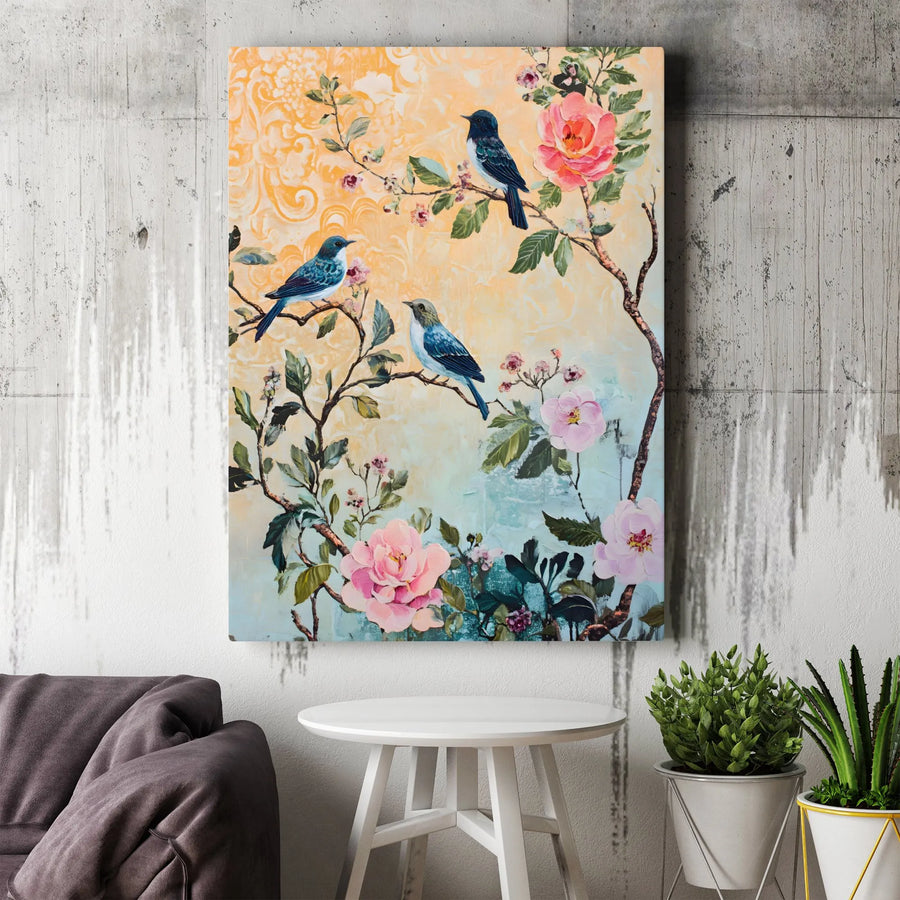 Blue Bird Canvas Wall Art | Vintage Floral Botanical Print with Pink Peonies | Premium 1.25-Inch Gallery Wrap | Elegant Nature Home Decor Gift