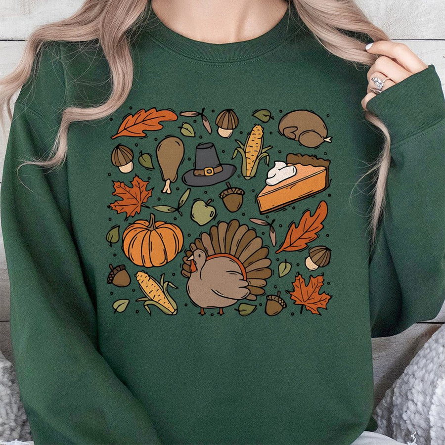 Thanksgiving Doodle Sweatshirt | Retro Turkey Pumpkin Graphic | Soft Cotton Blend Crewneck | Cute Fall Holiday Gift for Women