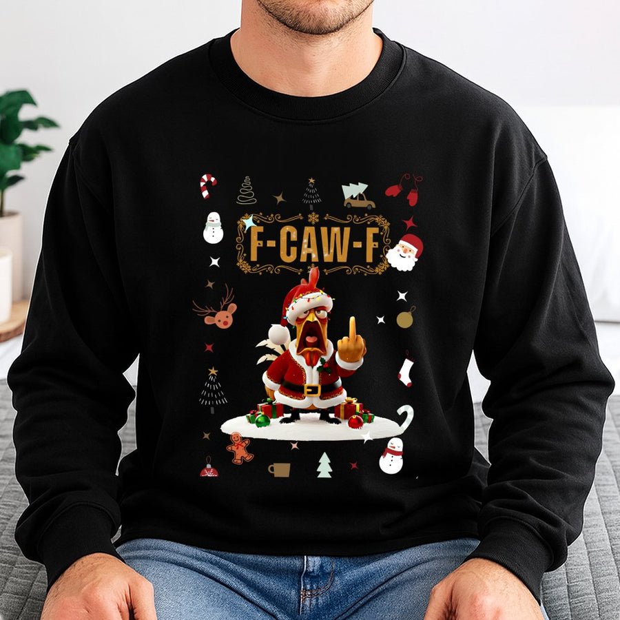 F-Caw-F Christmas Sweatshirt | Funny Santa Chicken Middle Finger Graphic | Premium Cotton Blend Crewneck | Unisex Holiday Gift for Him and Her