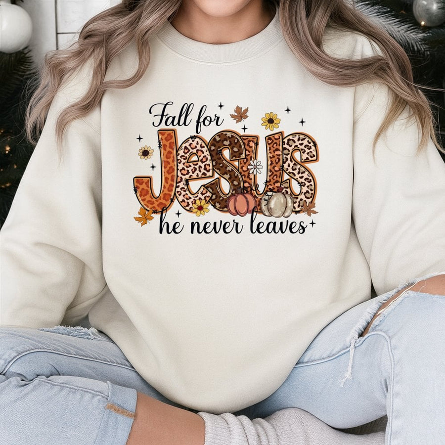 Fall For Jesus He Never Leaves Sweatshirt | Leopard Print Pumpkin Autumn Graphic | Premium Cotton Blend | Christian Fall Gift For Women