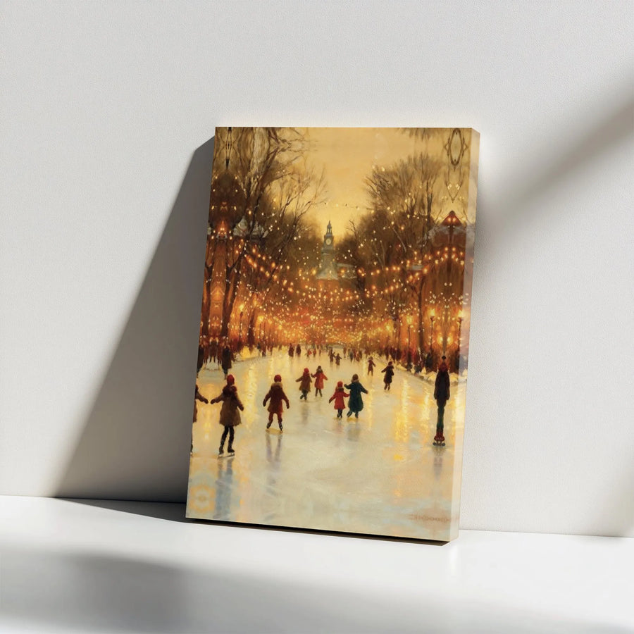 Winter Ice Skating Canvas Art | Whimsical Night Park With Fairy Lights | Premium Gallery Wrap Wall Decor | Festive Holiday Home Living Room Gift