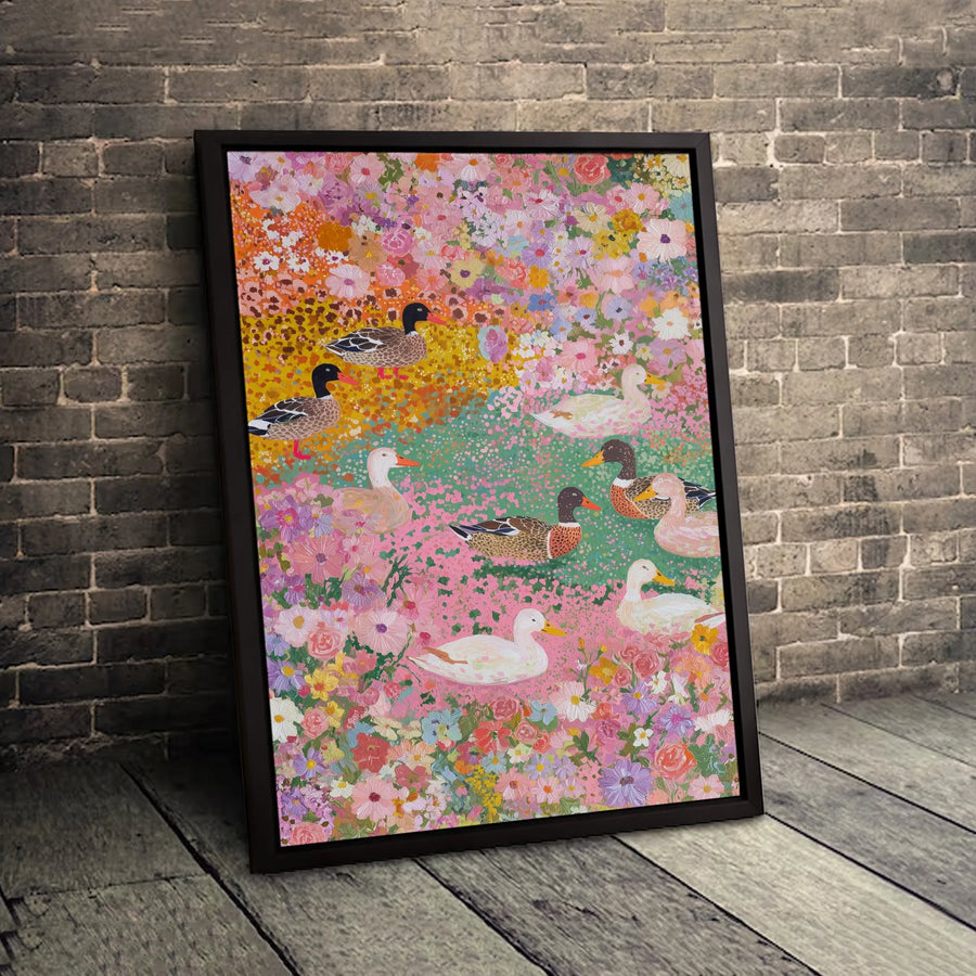 Floral Duck Painting Canvas Print | Whimsical Garden Pond Wall Art | 1.25" Premium Gallery Wrapped | Nature Lover Gift for Home Decor
