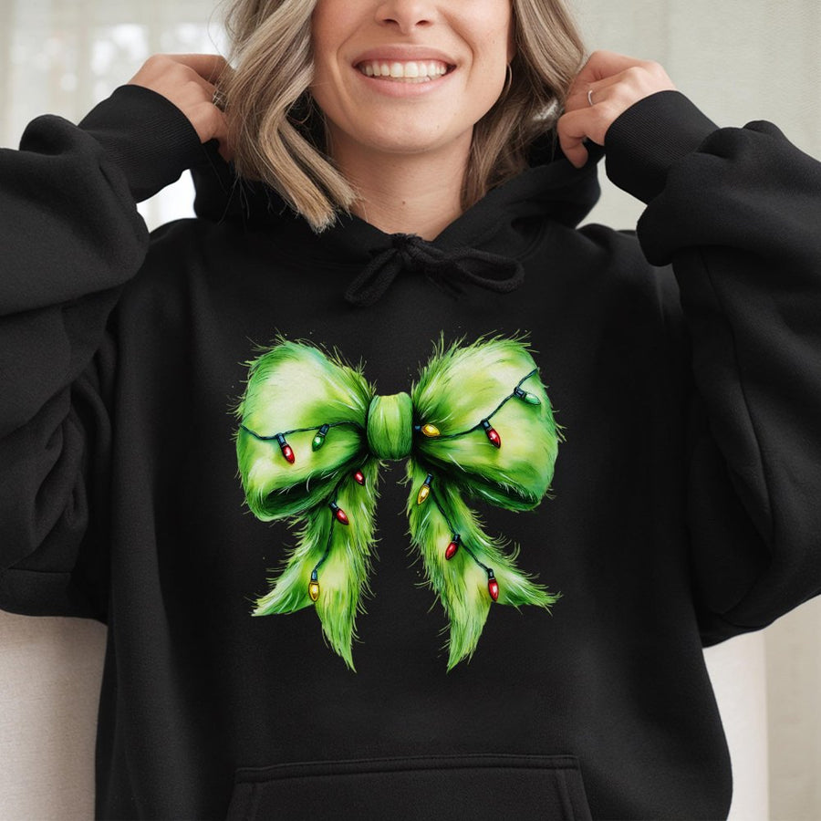 Christmas Bow Hoodie | Fuzzy Green Coquette Bow With Lights | Premium Cotton Blend Unisex Sweatshirt | Festive Holiday Gift For Her