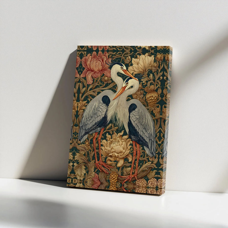 Heron Wall Art Canvas Print | Vintage Art Nouveau Floral Bird Illustration | Premium Gallery Canvas | Elegant Living Room Decor Gift